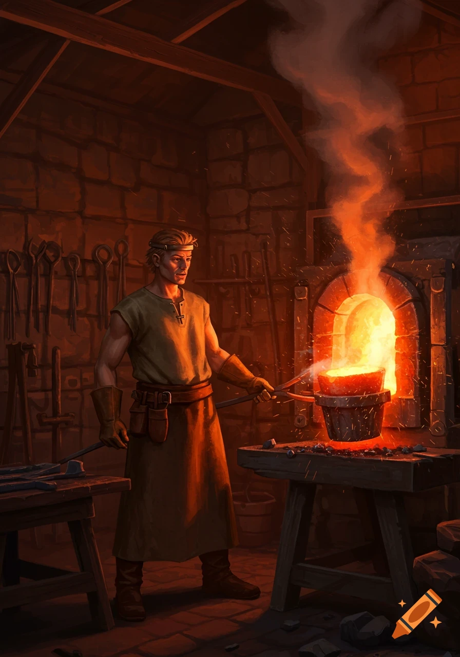 A blacksmith works in a dimly lit, fiery forge, holding glowing metal with tongs.
