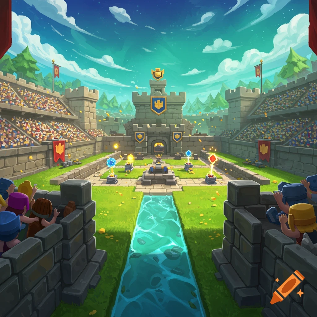 A vibrant, cartoonish fantasy arena with a central castle, a river, and cheering crowds in the stands under a blue sky.