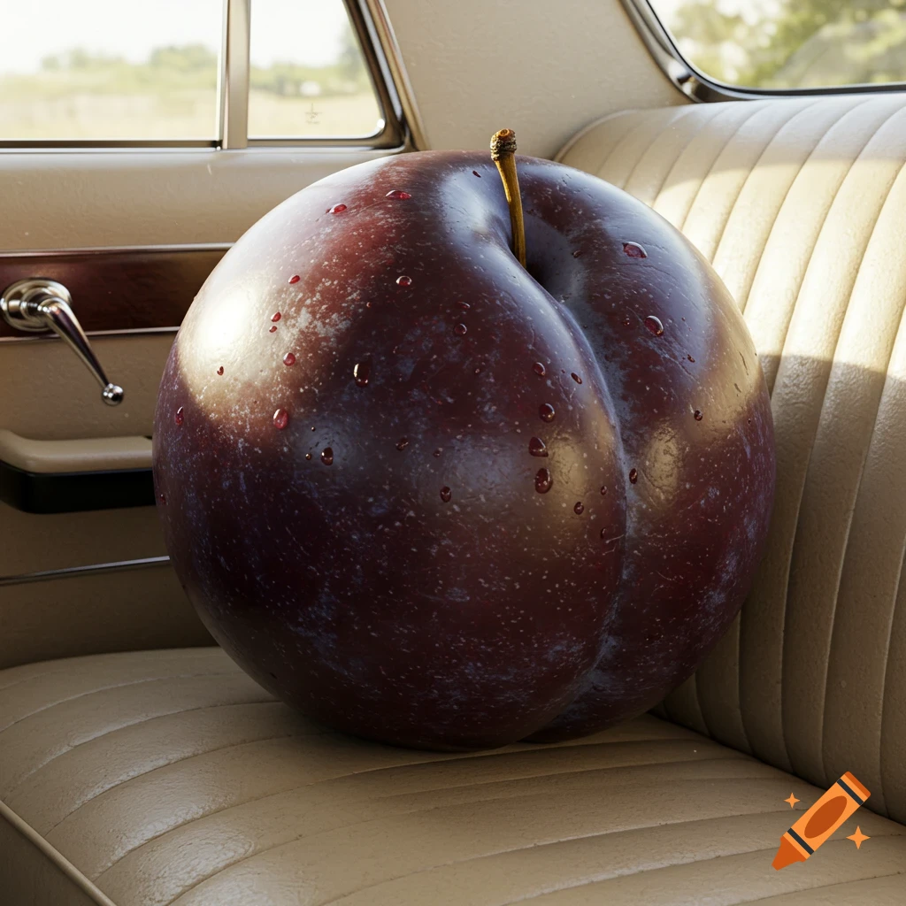 A giant, dark purple damson plum, wet with water droplets, sits on a tan leather car seat inside a vehicle.