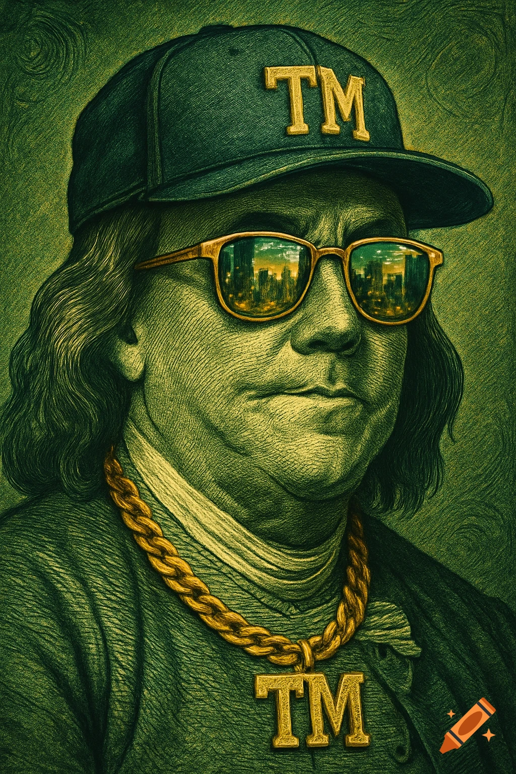 Green engraved portrait of Benjamin Franklin as a rapper, wearing a 'TM' baseball cap, sunglasses reflecting a cityscape, and a gold 'TM' chain.