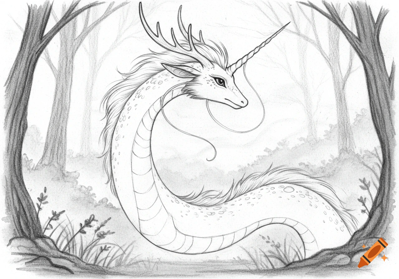 Pencil drawing of a long-necked mythical creature with antlers and a unicorn horn, in a misty forest.