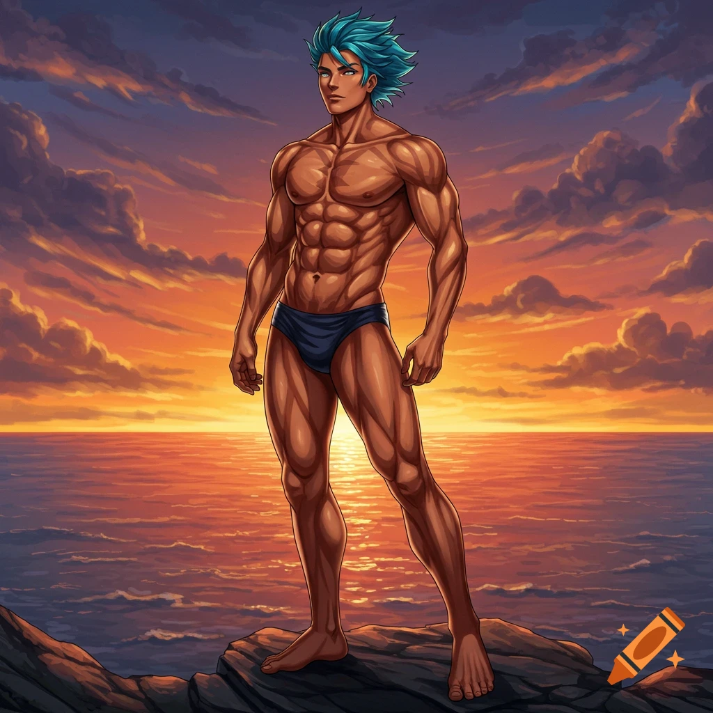 An anime-style muscular man with blue hair in swim briefs stands on rocks by the ocean at sunset.