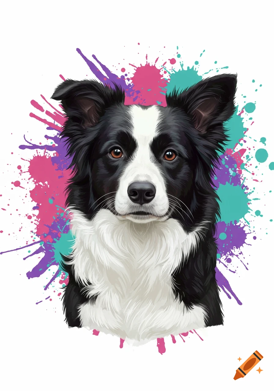 Digital illustration of a black and white Border Collie head with bright pink, purple, and teal paint splatters behind it.