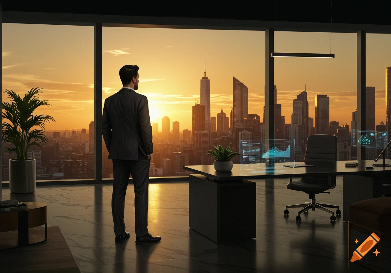 Businessman in a suit overlooks a city skyline at sunset from a modern office with holographic displays.