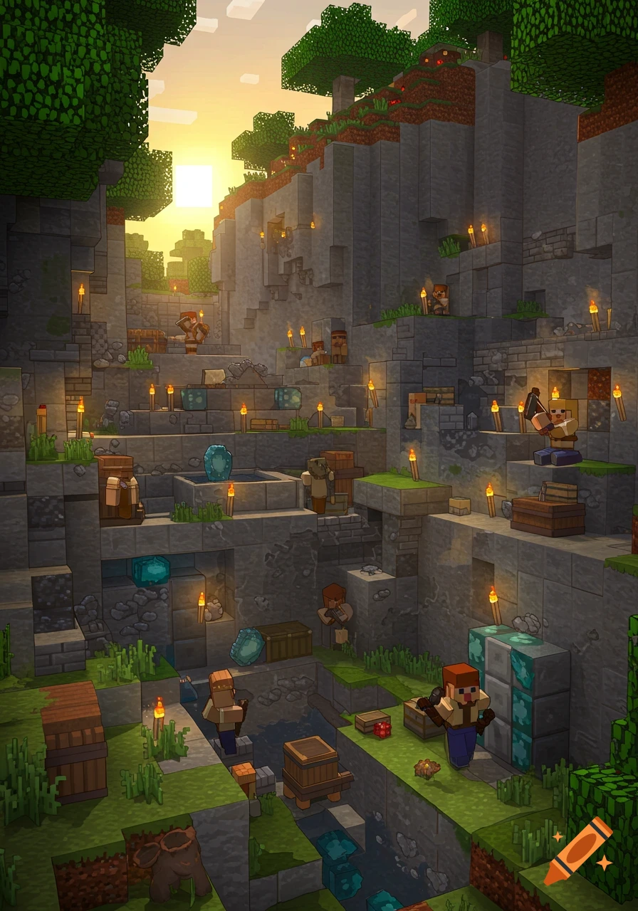 Minecraft-style quarry at sunset, with blocky characters mining and working in a stone environment with torches and glowing crystals.