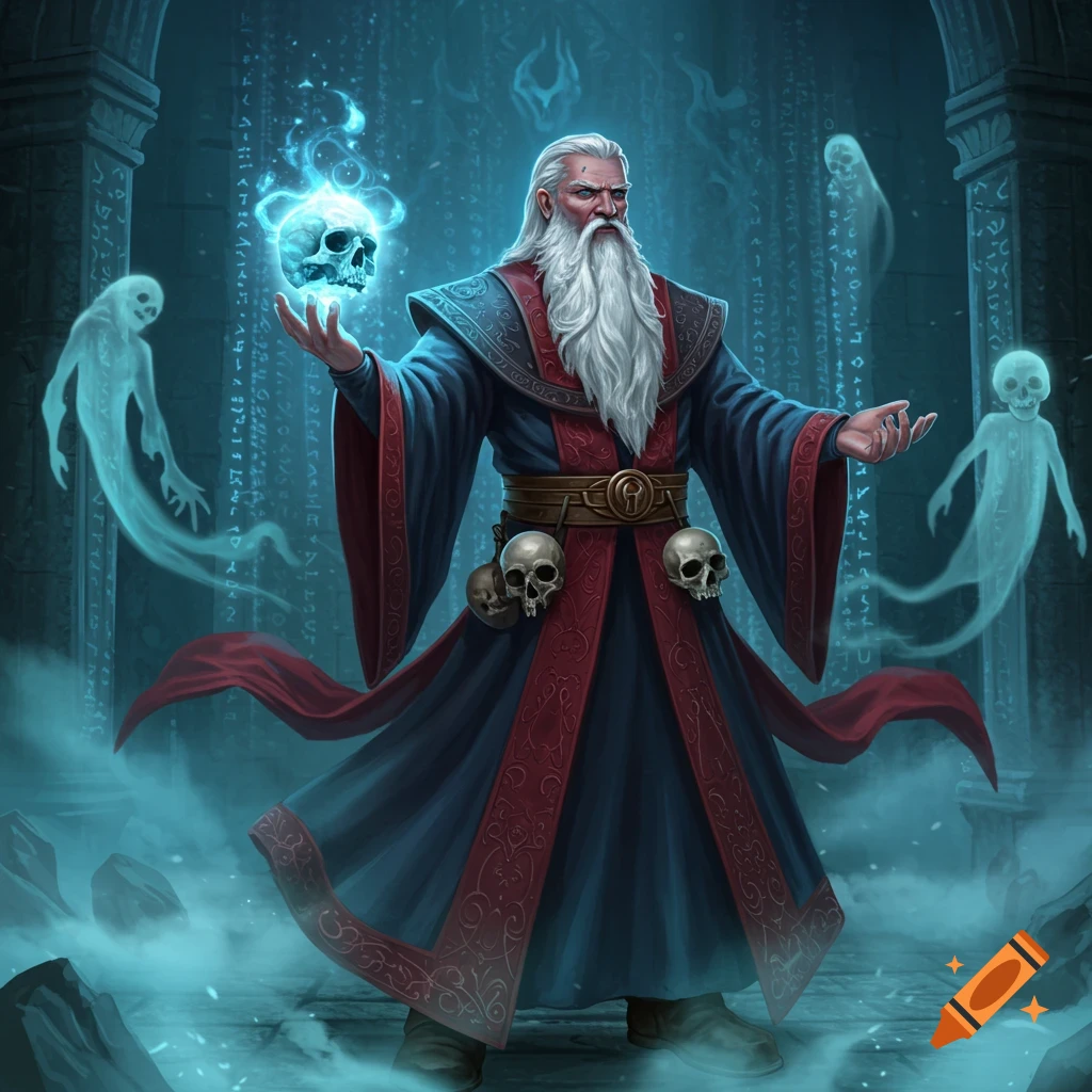 A wizard with a long white beard in a blue and red robe conjures a glowing skull, surrounded by ghosts in a mystical chamber.