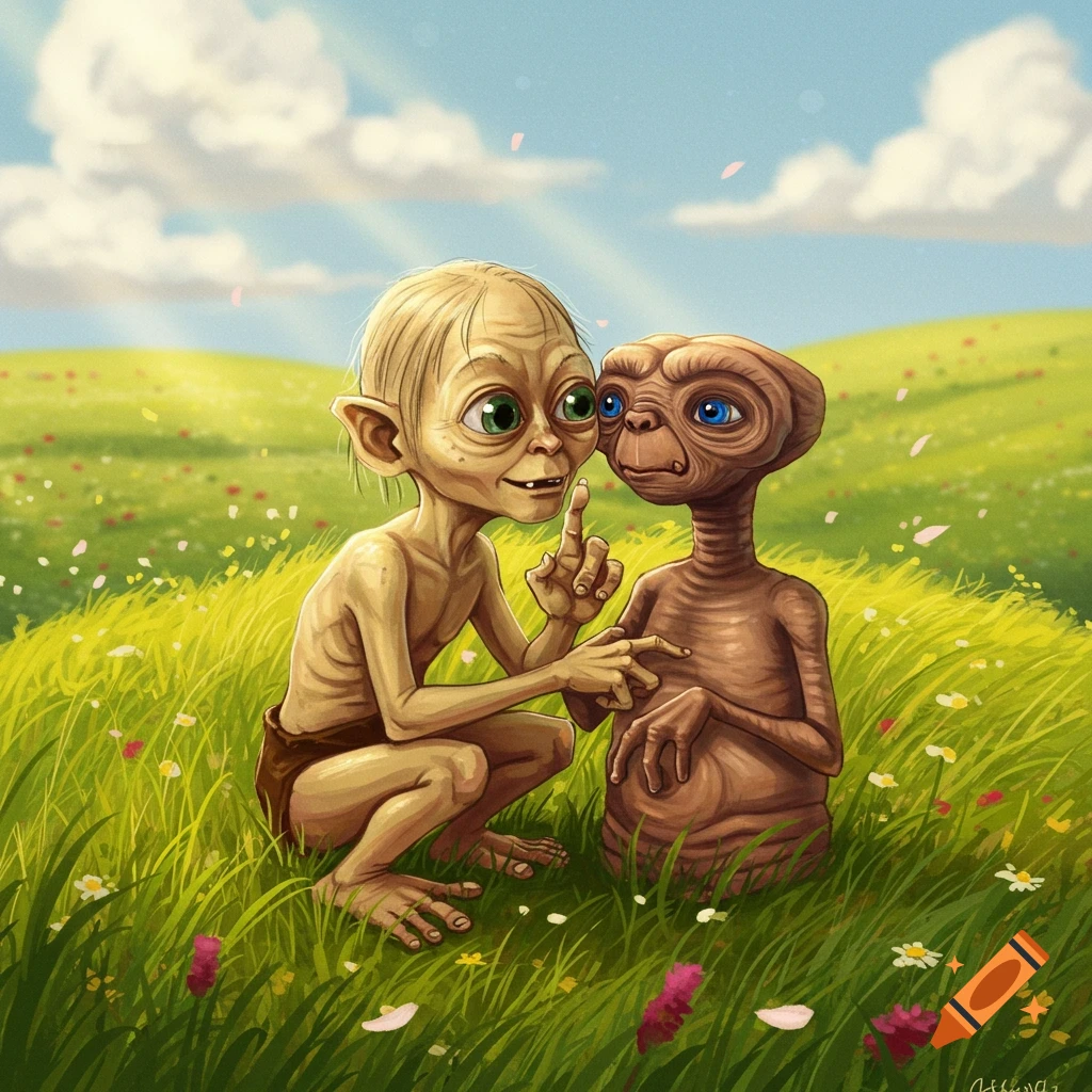 Gollum and E.T. sitting together in a lush, flower-filled green field under a blue sky, in a digital art style.