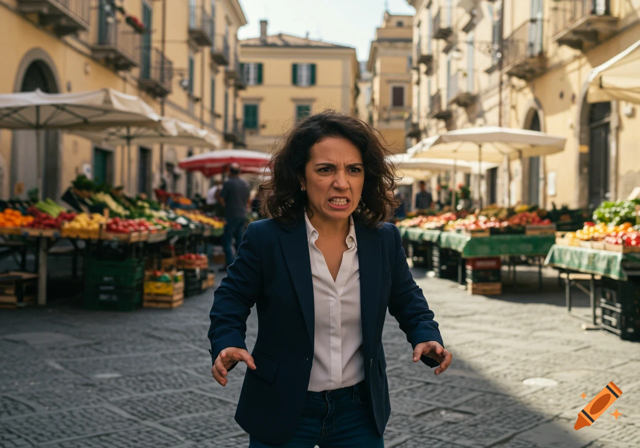 An angry woman with dark, curly hair in a blue blazer and jeans stands in a bustling outdoor market, scowling intensely.