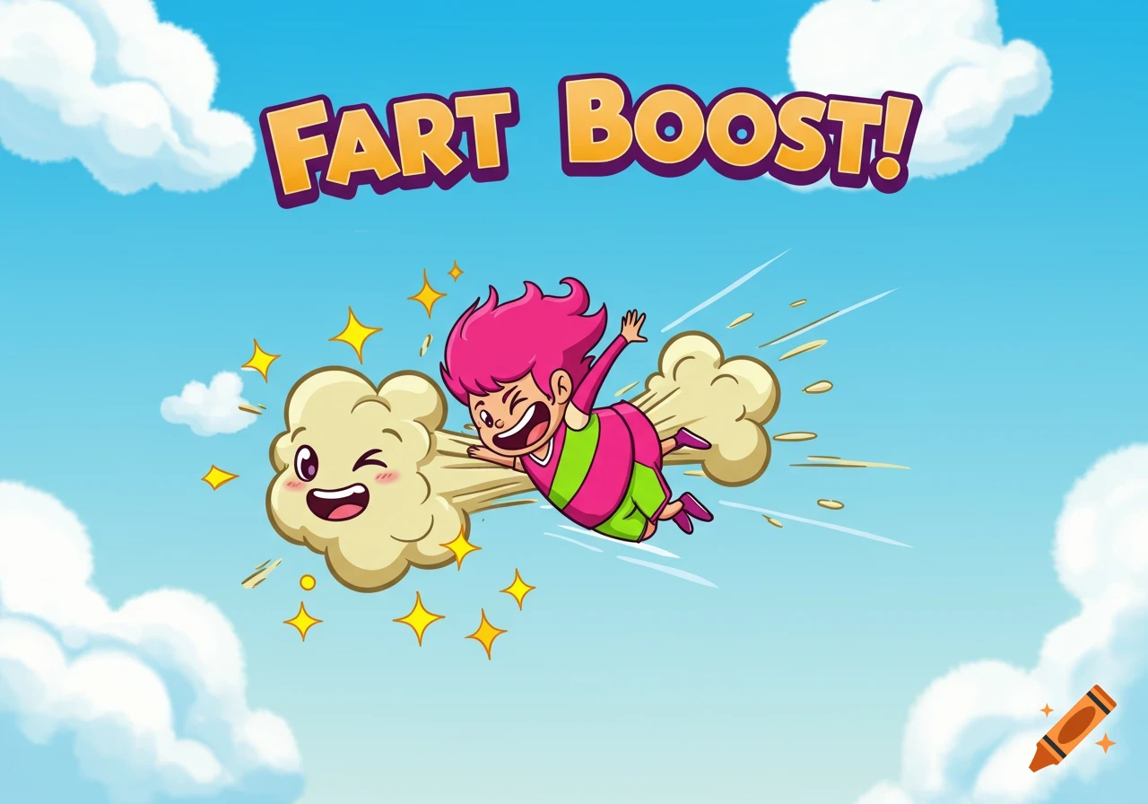 Cartoon character with pink hair flying through the blue sky, propelled by a cloud of gas, with the words 'FART BOOST!' above.