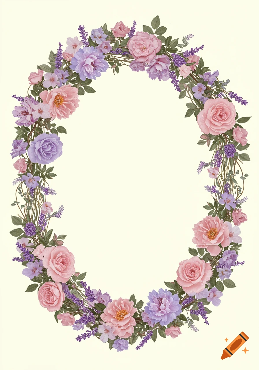 An elegant oval frame composed of light pink roses, purple flowers, and lavender sprigs on a cream background.