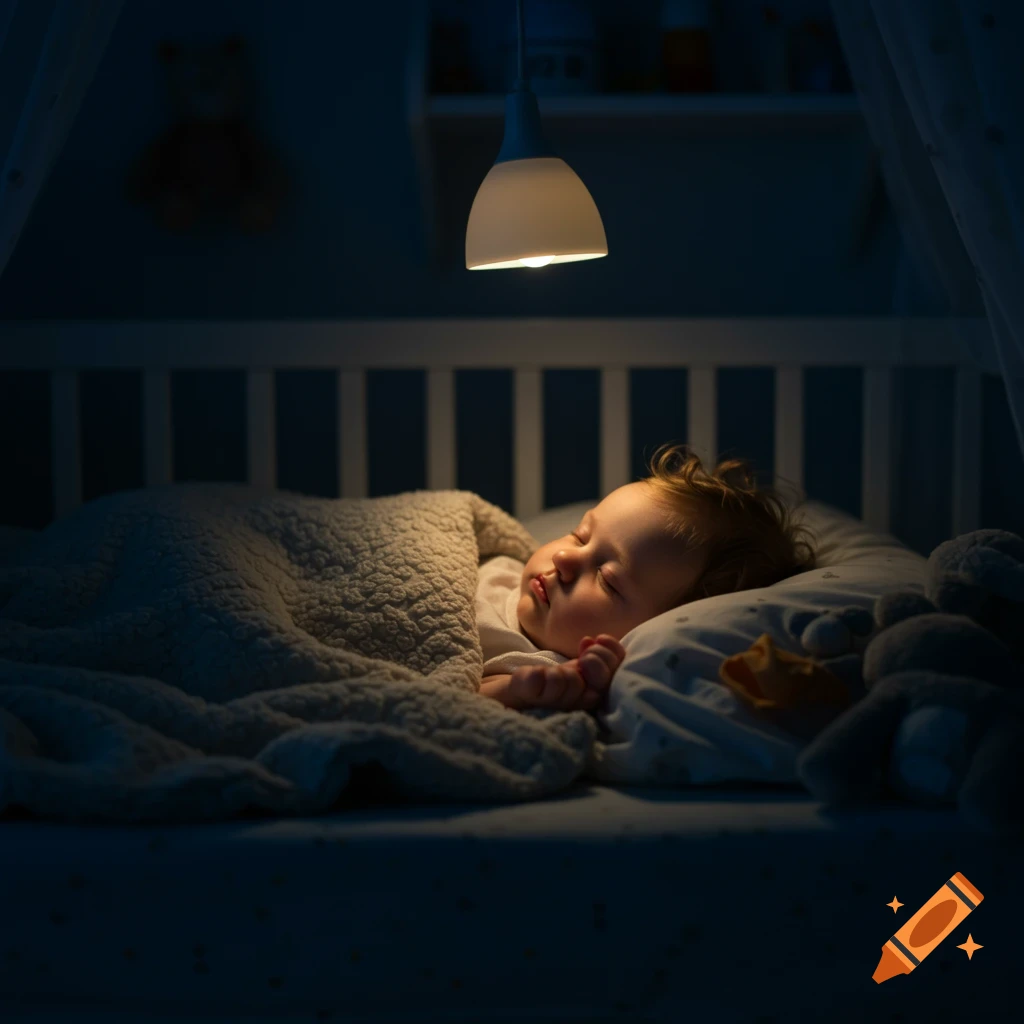 A baby sleeps peacefully in a crib at night, illuminated by a soft night light, photorealistic.