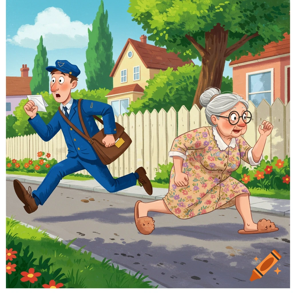 A surprised cartoon postman runs down a suburban street while a granny in a floral dress and slippers chases him.