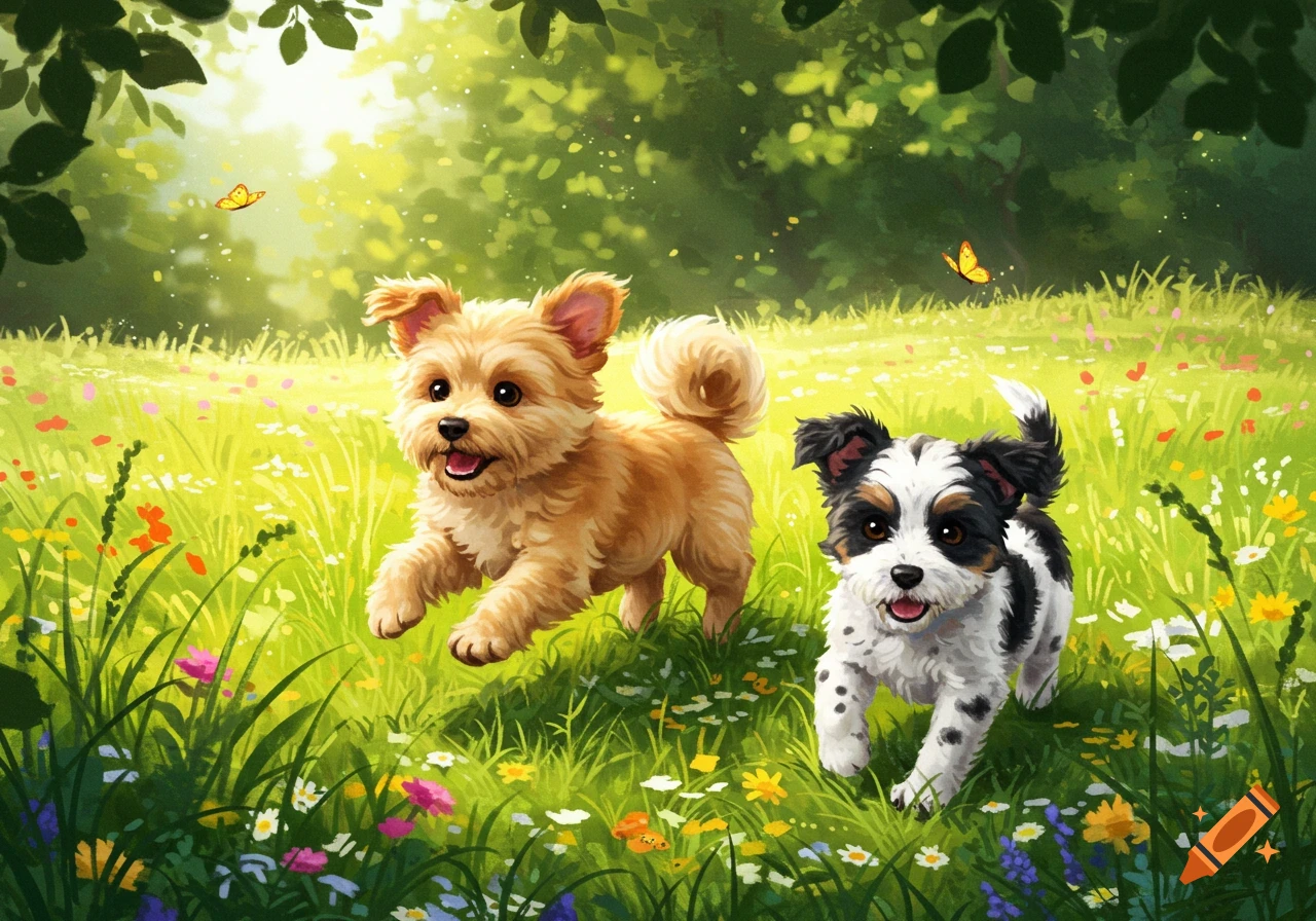 Two cute puppies run through a vibrant green field filled with colorful flowers and butterflies, in a cheerful illustration style.