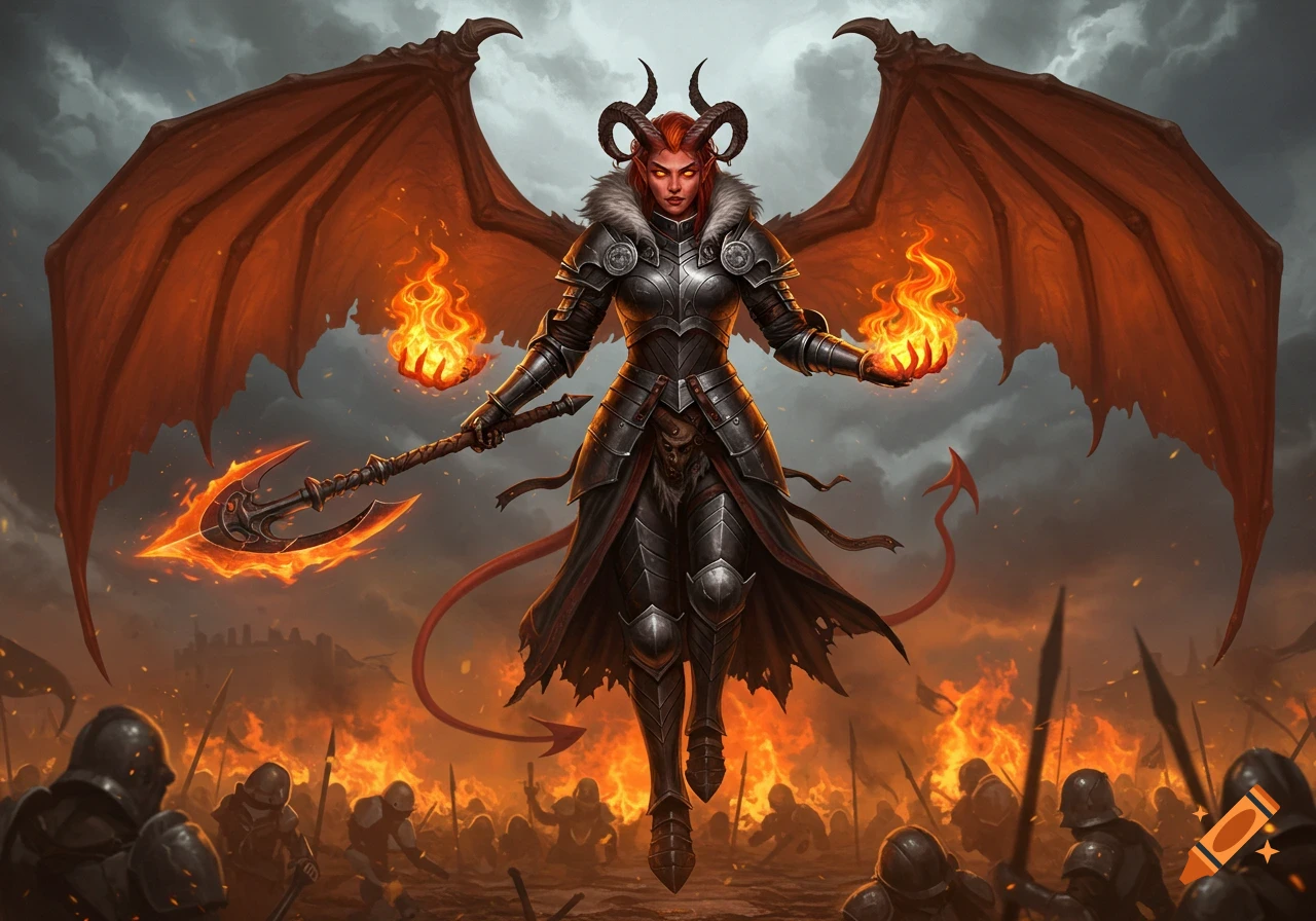 A female demon-like warrior with red skin, horns, and large red wings flies above a fiery battlefield, holding a fiery glaive in one hand and conjuring fire in the other, while armored soldiers surround her.