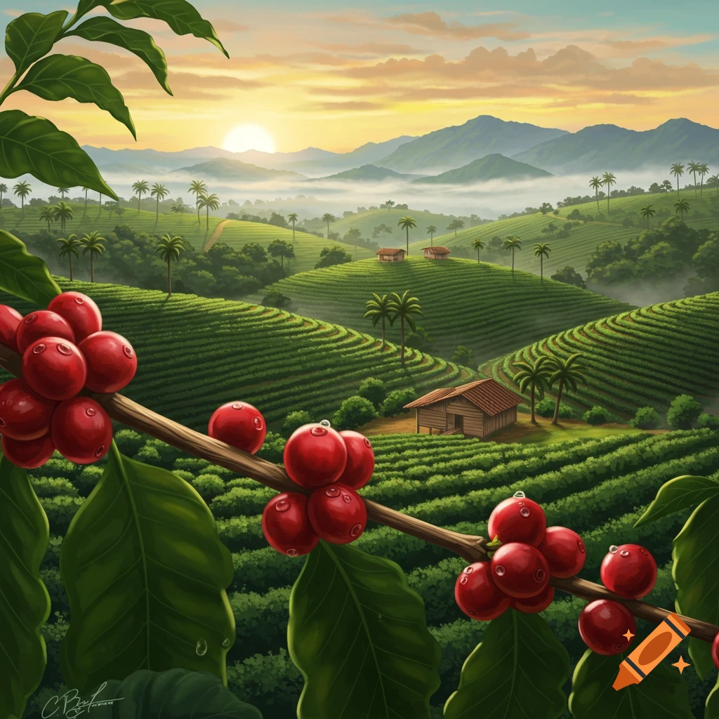 Vibrant illustration of a coffee plantation at sunrise with red coffee cherries in the foreground and misty mountains.