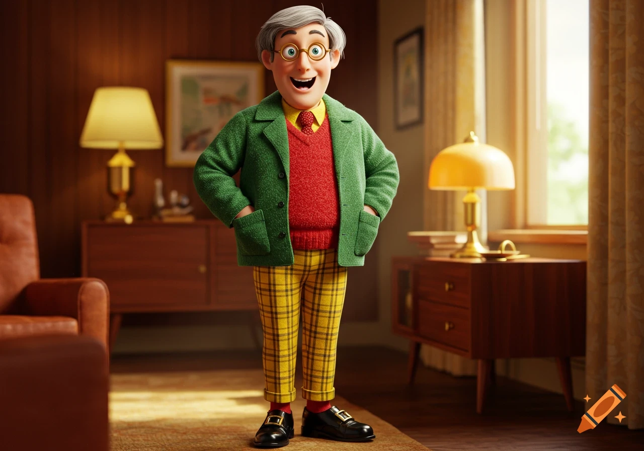 A happy, gray-haired cartoon man in a green jacket, red sweater, and yellow plaid pants stands in a cozy, well-lit room.