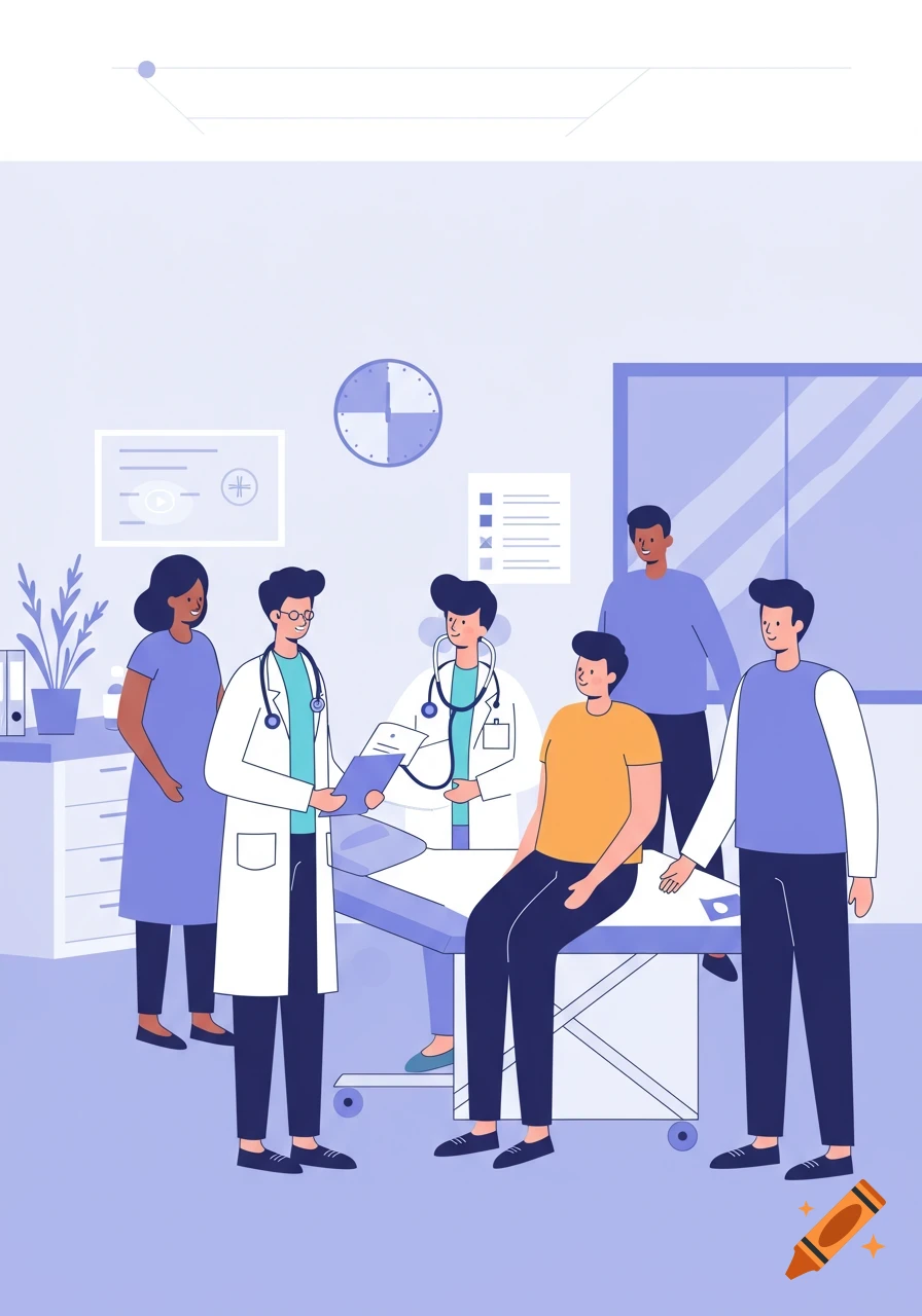 Minimalistic cartoon illustration of doctors and patients in a doctor's office with blue and white tones.