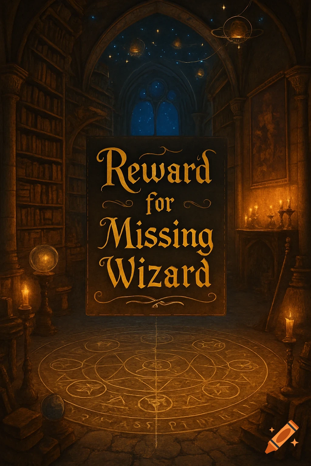 Dark wizard sanctum with a central sign reading 'Reward for Missing Wizard', surrounded by bookshelves, candles, and arcane floor symbols.