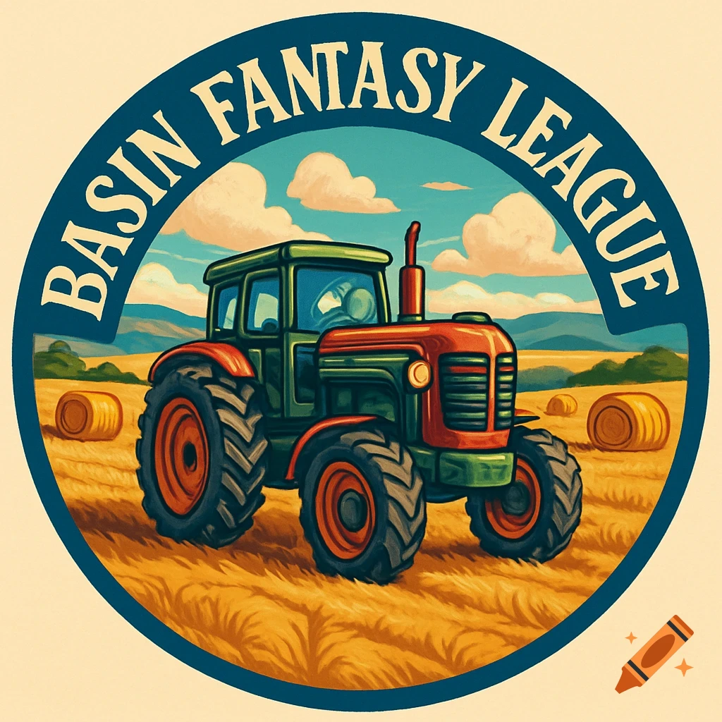Circular logo: red and green tractor in a hay field under a blue sky, with 'BASIN FANTASY LEAGUE' text.