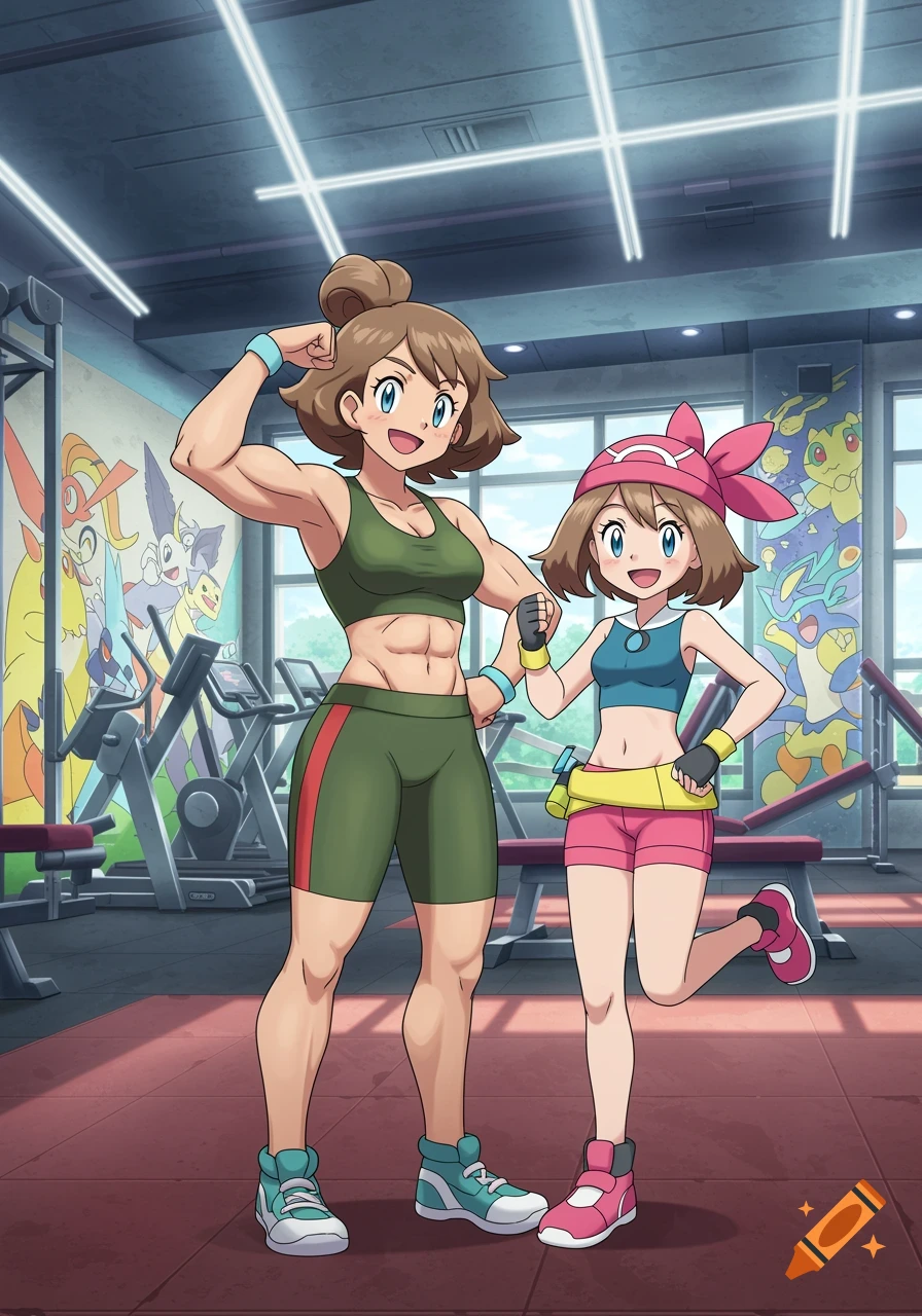 May and her muscular mom flex at the gym in anime style.