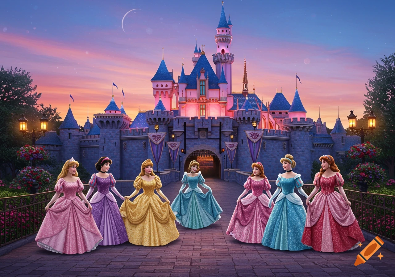 Seven cartoon princesses in colorful ballgowns stand on a path in front of a magical, brightly lit castle at sunset.