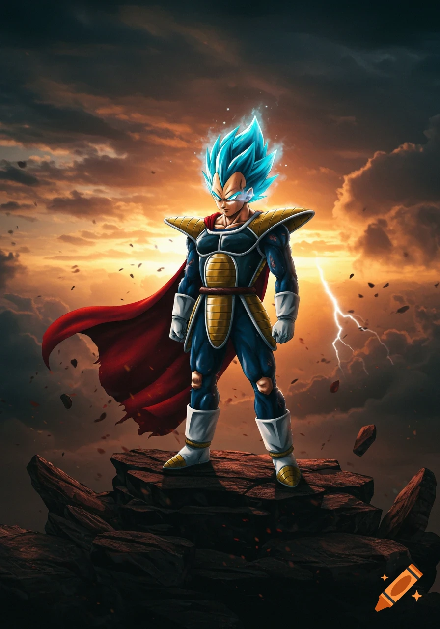 Vegeta in Super Saiyan Blue form, wearing Saiyan armor and a red cape, stands on rocks under a stormy orange sky with lightning.