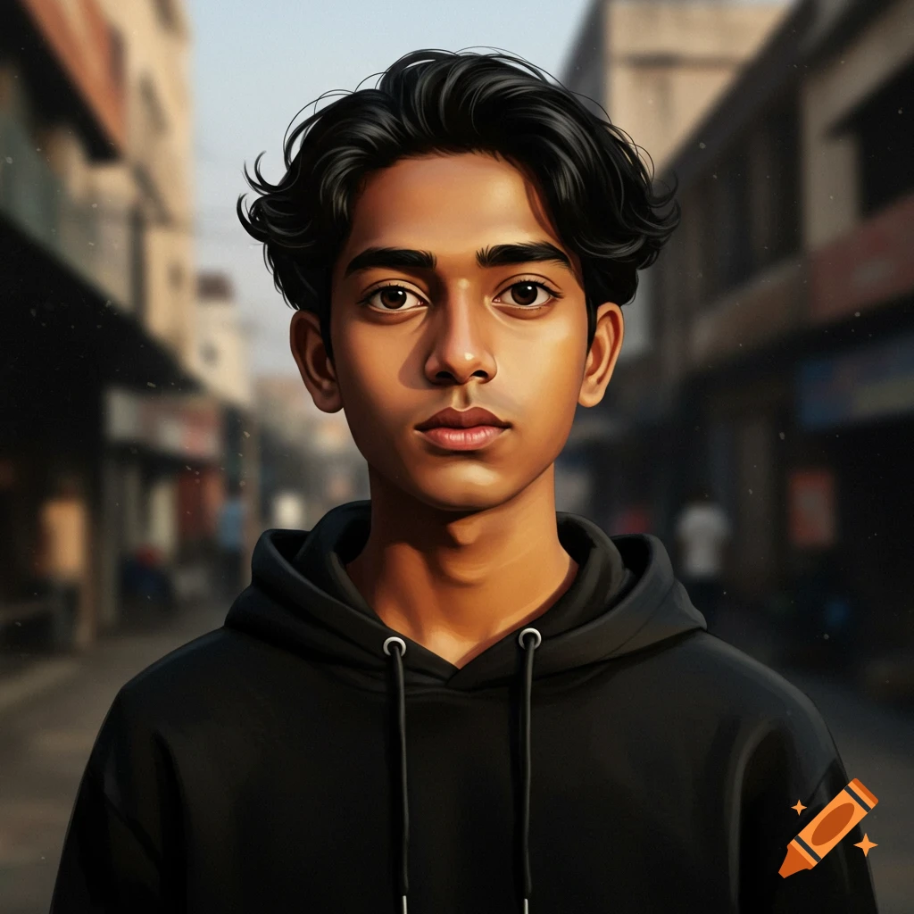 Stylized portrait of a young Indian man with black curly hair in a black hoodie on a blurred street.