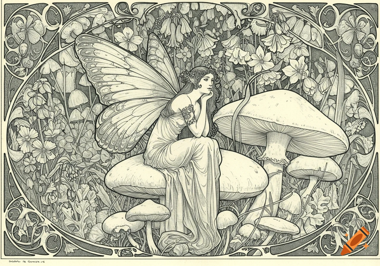 A black and white Art Nouveau line drawing of a fairy with large wings sitting on a mushroom in an enchanted forest filled with flowers.