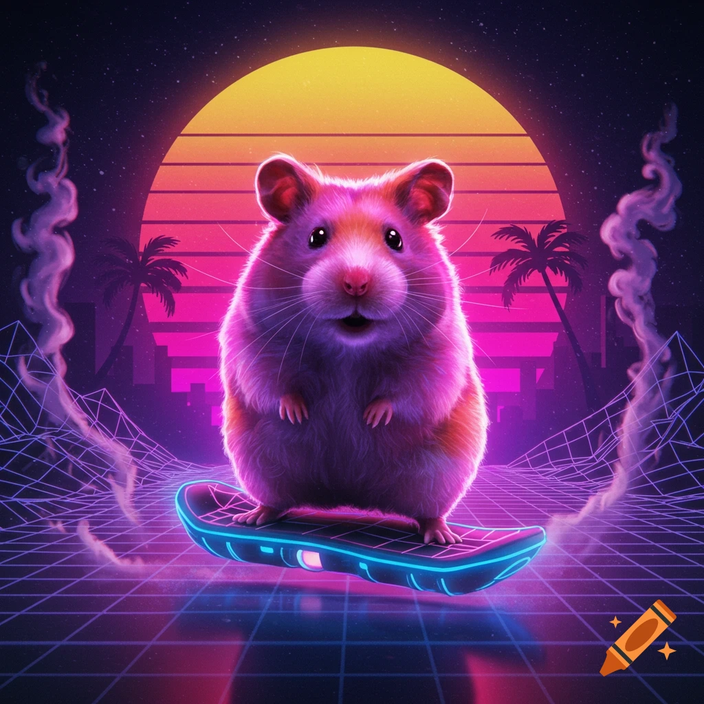 A fluffy pink and purple hamster on a glowing hoverboard in a retro 80s synthwave landscape with a sunset and palm trees.