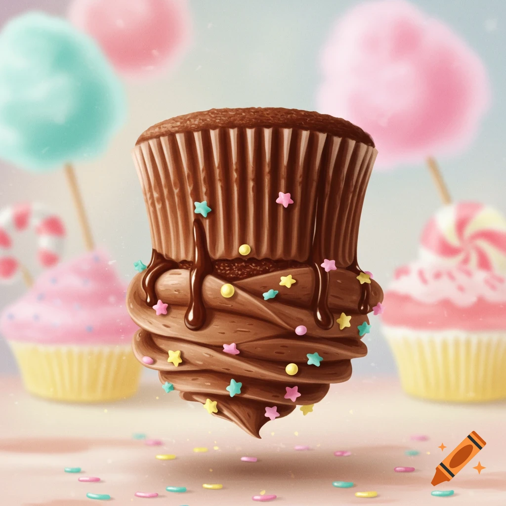 A whimsical illustration of a chocolate cupcake with frosting, chocolate drizzle, and star sprinkles, with blurred sweets in the background.