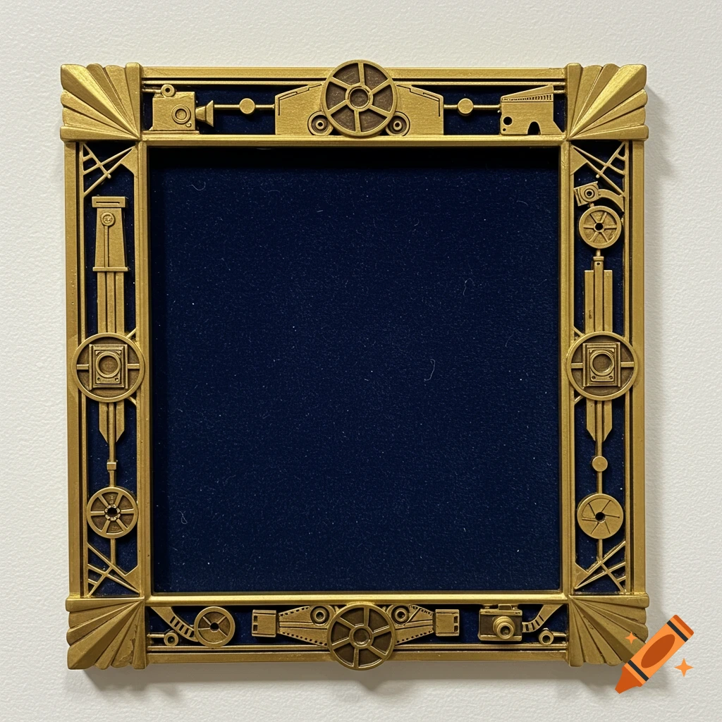 Gold Art Deco frame with photography motifs, against a dark blue backing.