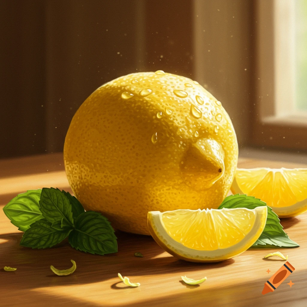 A photorealistic image of a whole lemon with water droplets and two slices, accompanied by green mint leaves, on a sunlit wooden surface.