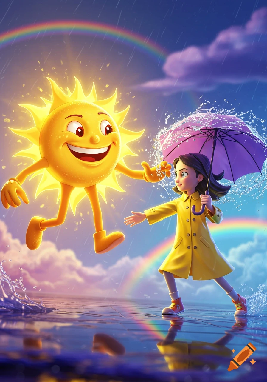 A cheerful cartoon sun mascot reaches out to a girl holding a purple umbrella in the rain, with two rainbows in the sky. The ground reflects the colorful scene.