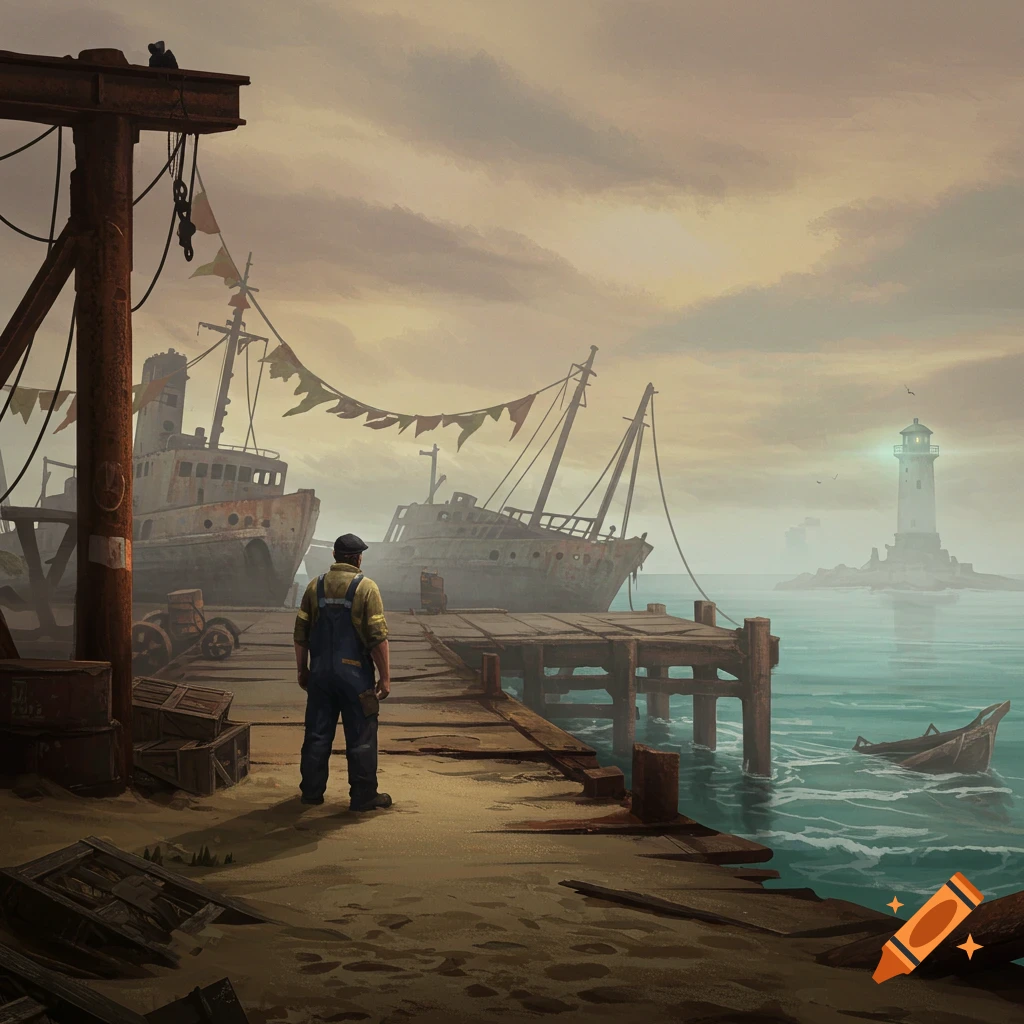 An illustrated scene of a dock worker standing on a dilapidated pier, looking out at old, rusting ships and a distant lighthouse under an overcast sky.