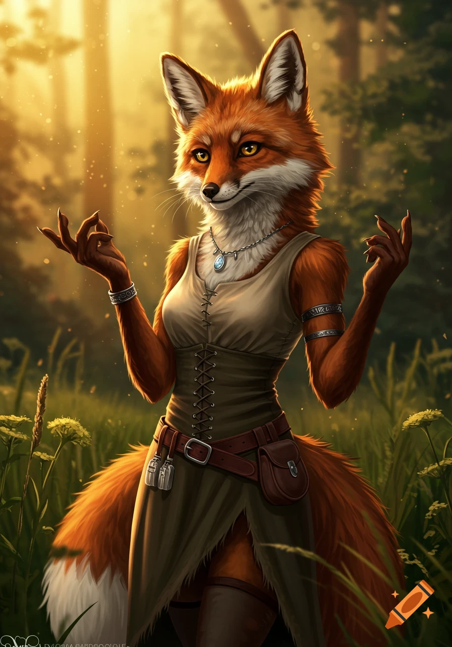 An anthropomorphic fox girl with orange and white fur stands in a sunlit forest, wearing a rustic dress and necklace.