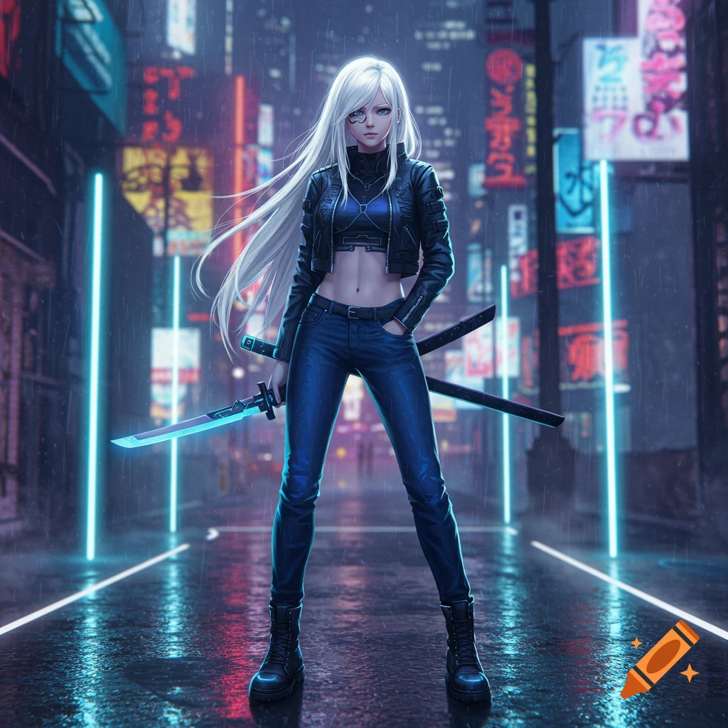 An anime girl with long white hair in a black crop top, leather jacket, and jeans stands in a rainy, neon-lit cyberpunk city street, holding a glowing sword.