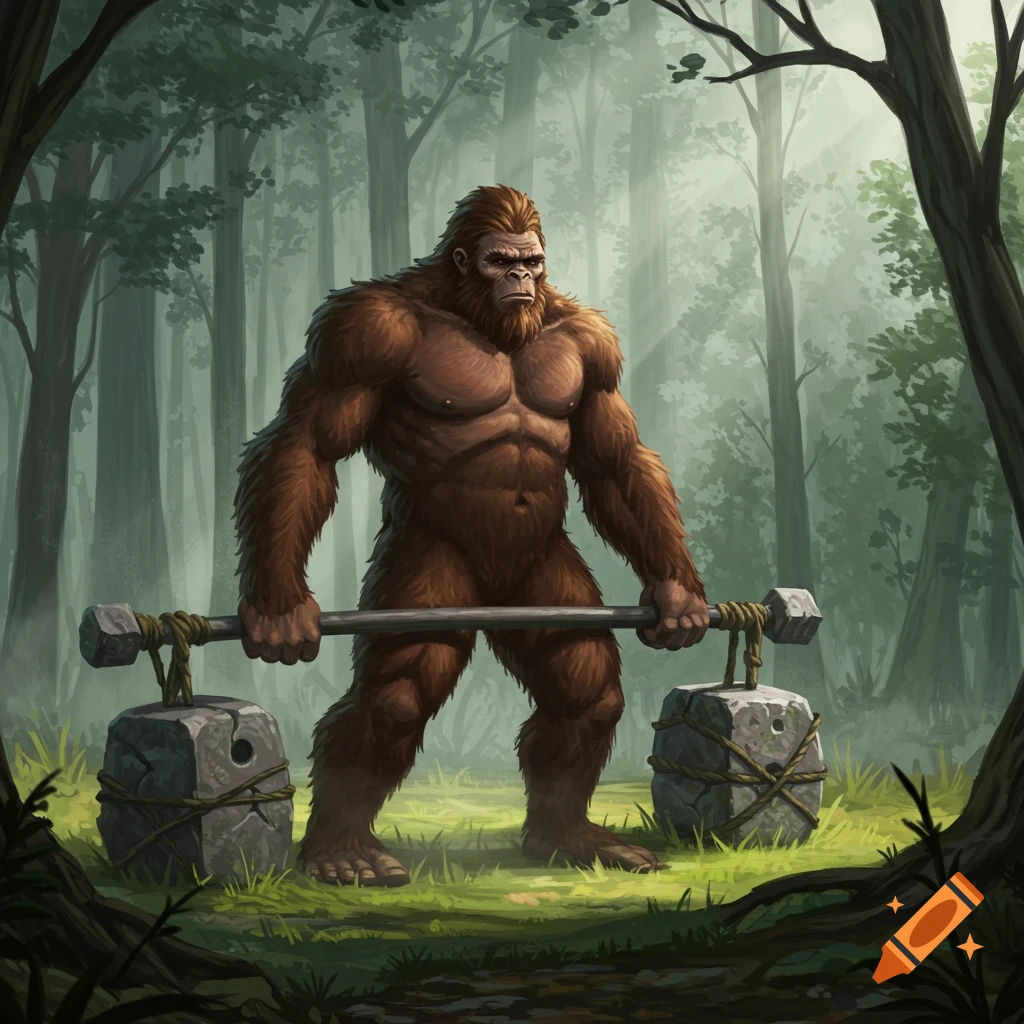 A muscular Sasquatch lifts a rustic barbell made of rocks and a log in a misty, sunlit forest, digital art.