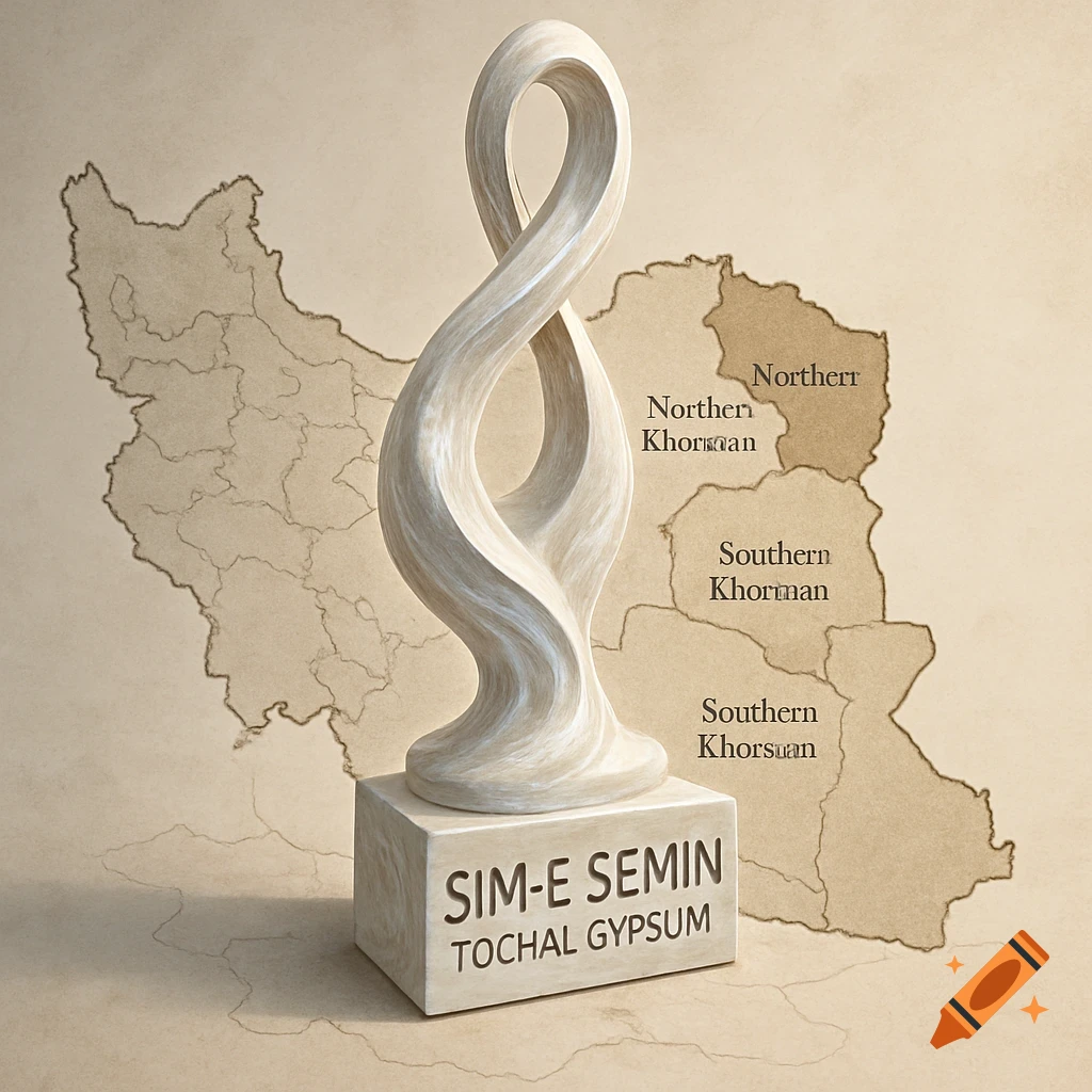 An abstract white twisted sculpture on a base, with a map of Iran in the background highlighting Northern and Southern Khorasan provinces.