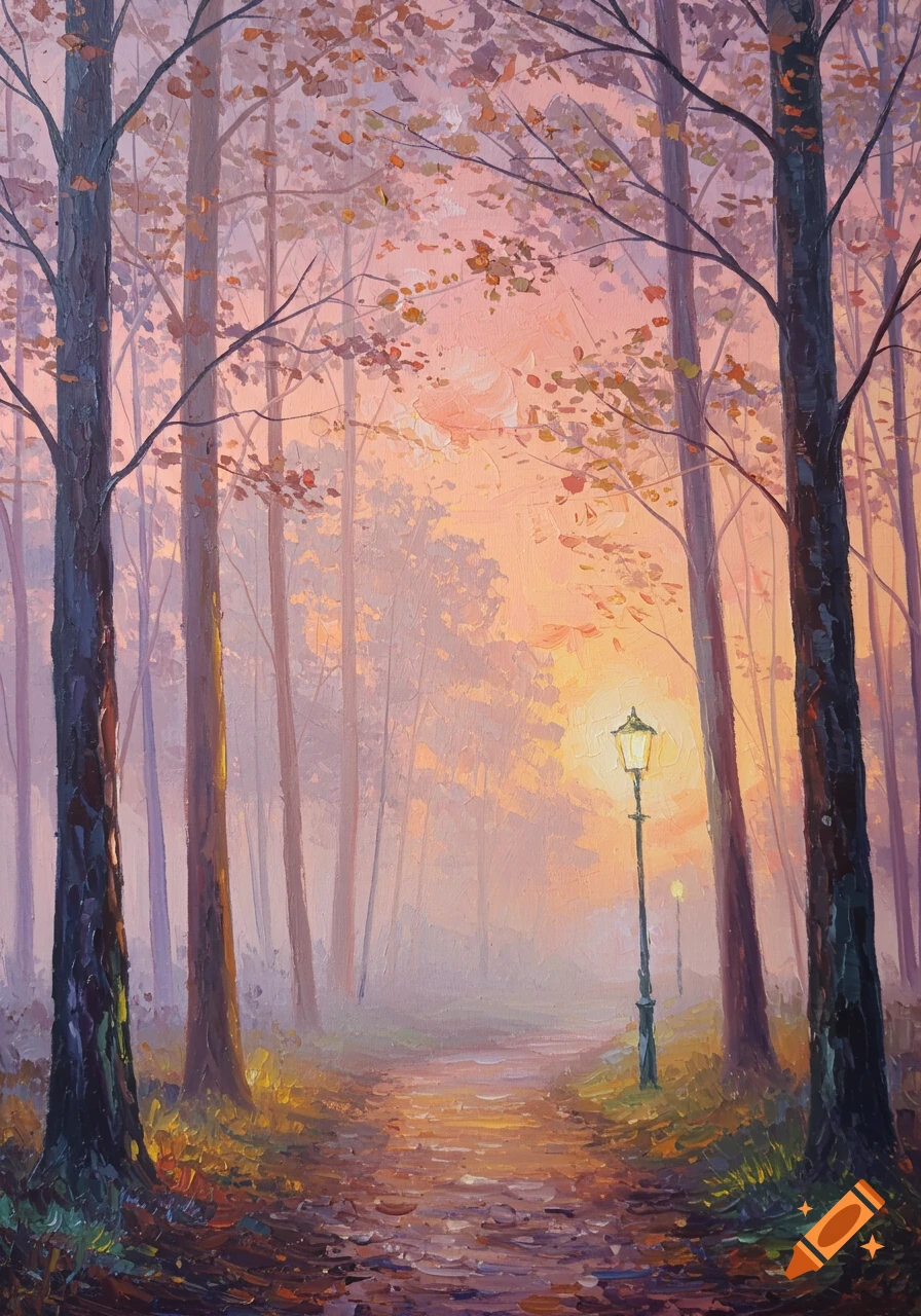 Oil painting of a misty forest path with tall trees and a lamppost at sunrise, featuring autumn colors.