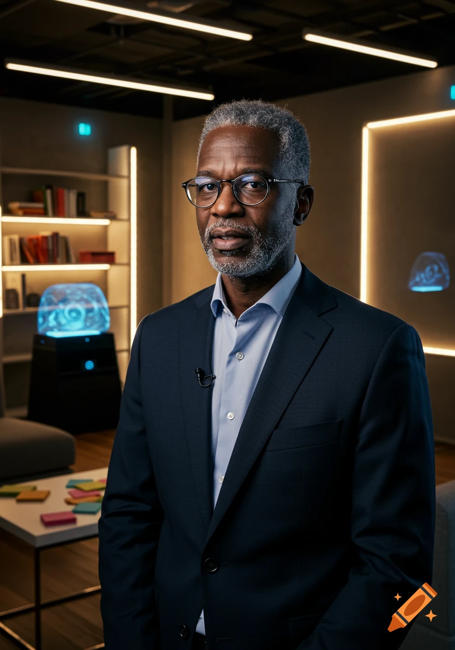 Photorealistic portrait of an African American man in a suit and glasses in a modern office.