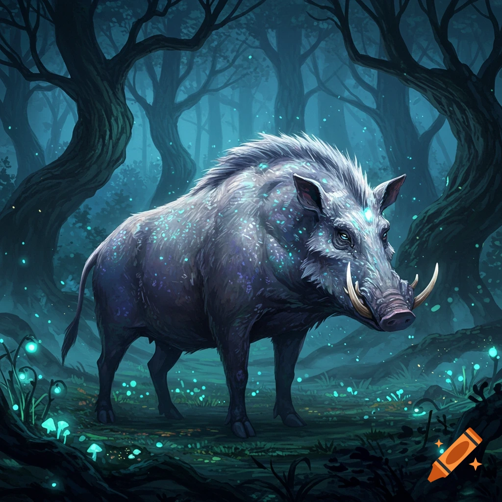A majestic fantasy boar with glowing blue-purple spots stands in a dark, enchanted forest filled with bioluminescent flora.