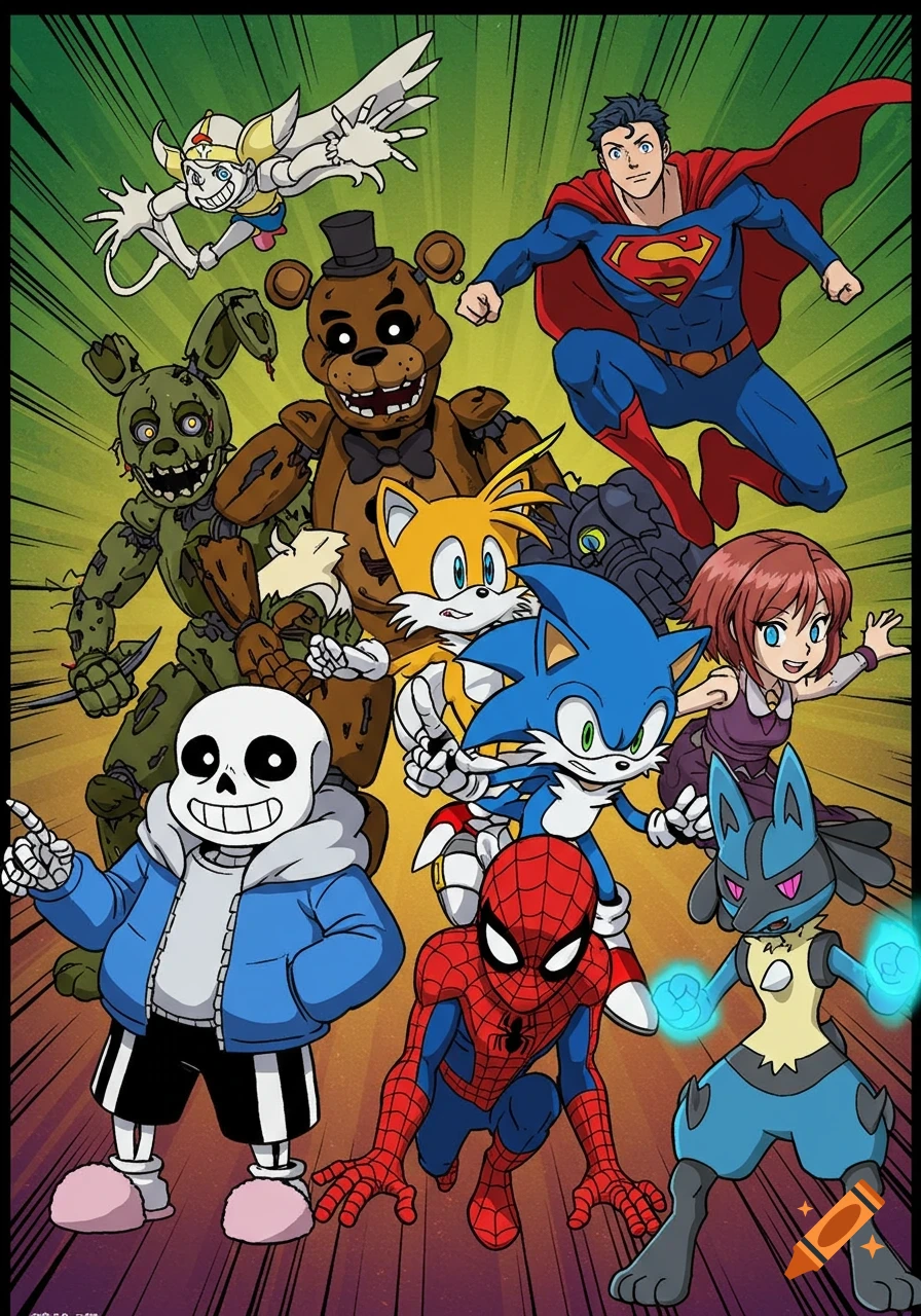 A colorful manga-style illustration featuring an ensemble of characters: Sans, Sonic, Tails, Springtrap, Freddy Fazbear, Spider-Man, Superman, and Lucario, along with two additional anime-style characters, against a green and purple comic book background.