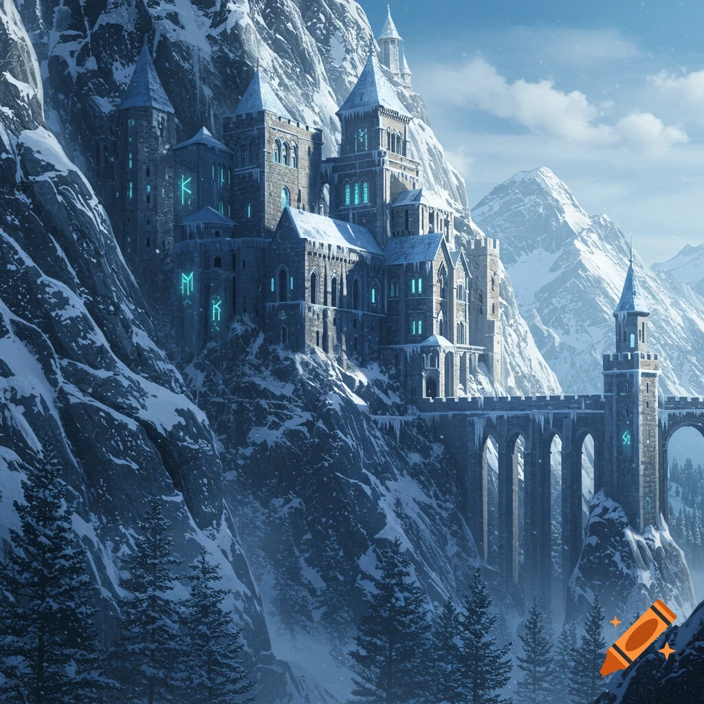 A majestic fantasy castle built into a snowy mountain with glowing blue windows and runes, connected by an arched bridge, surrounded by pine trees.