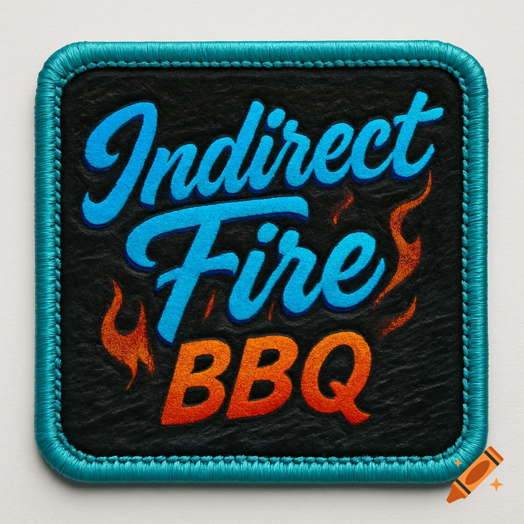 Embroidered patch with 'Indirect Fire BBQ' in blue and orange text, surrounded by orange flames on a black background with a turquoise border.