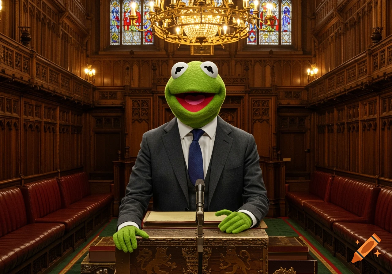 Photorealistic image of Kermit the Frog in a suit speaking at a wooden podium in an ornate parliamentary chamber.