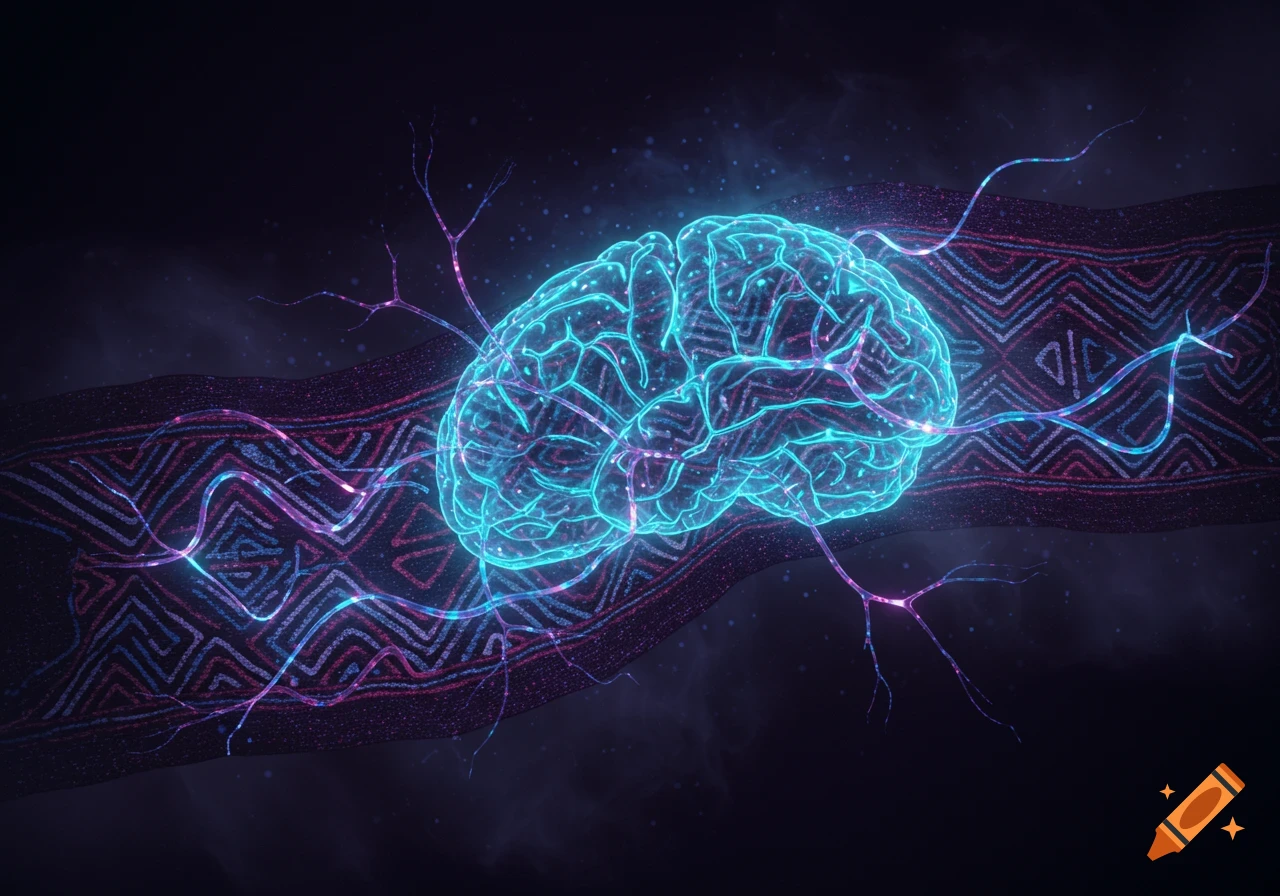 A glowing blue brain with neural connections pulsing over a dark, patterned fabric background.