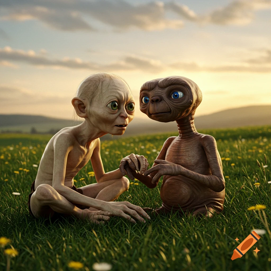 Gollum and E.T. sit in a photorealistic grassy pasture with flowers, holding hands at sunset.