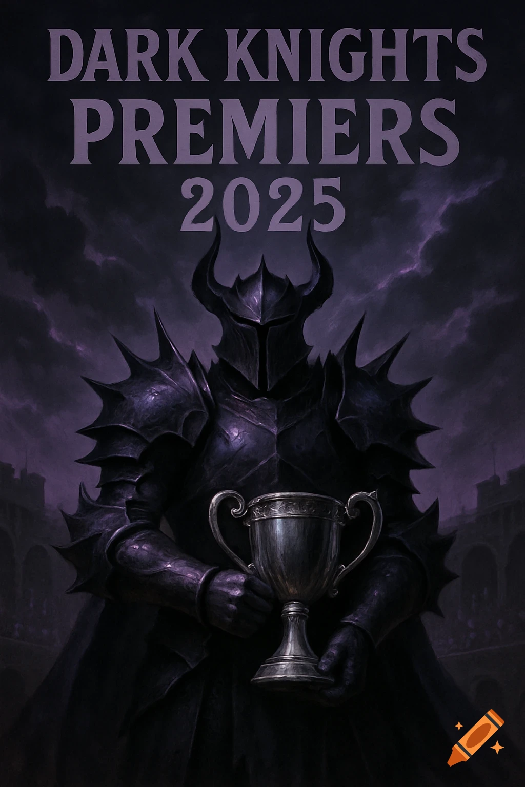 A dark armored knight with horned helmet and spiky pauldrons holds a silver trophy. Text reads 'DARK KNIGHTS PREMIERS 2025' above.