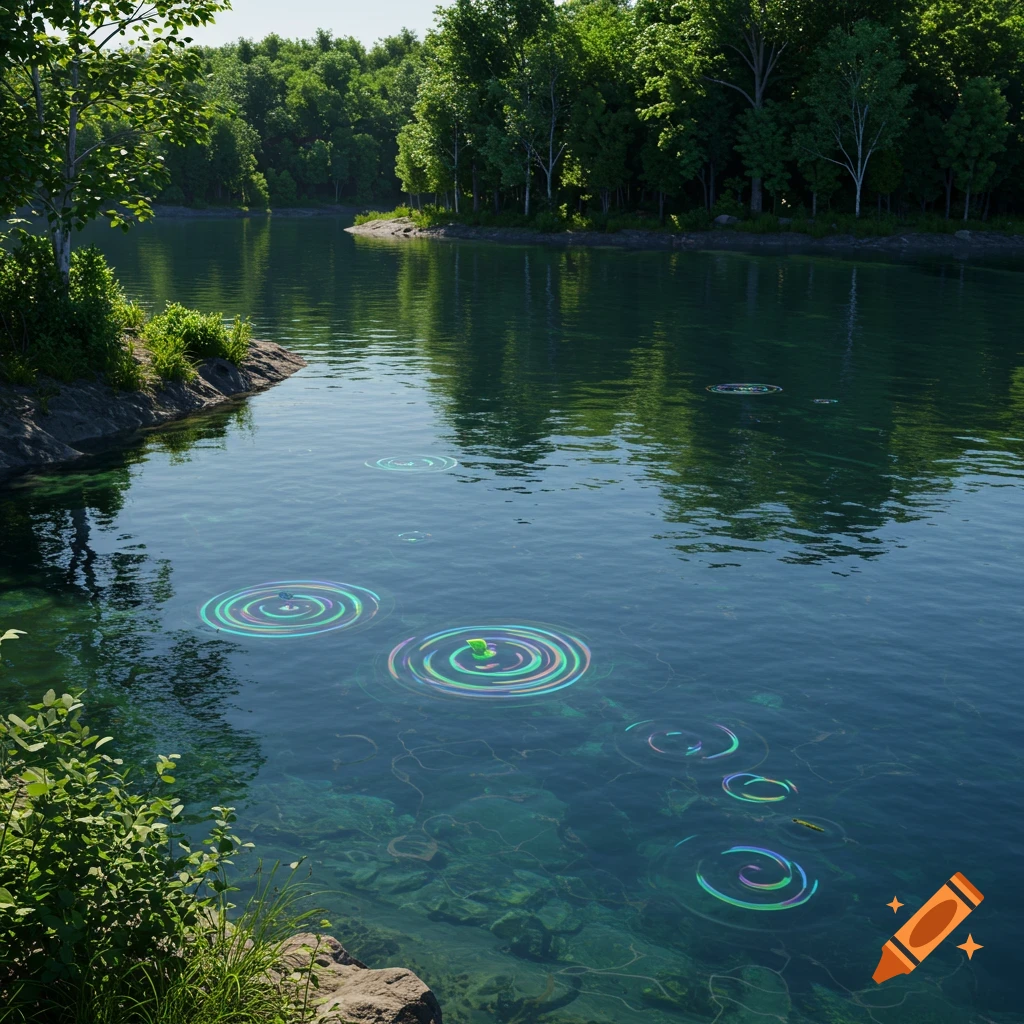 Photorealistic tranquil lake surrounded by green trees, with vibrant, multicolored concentric ripples on the clear water's surface.