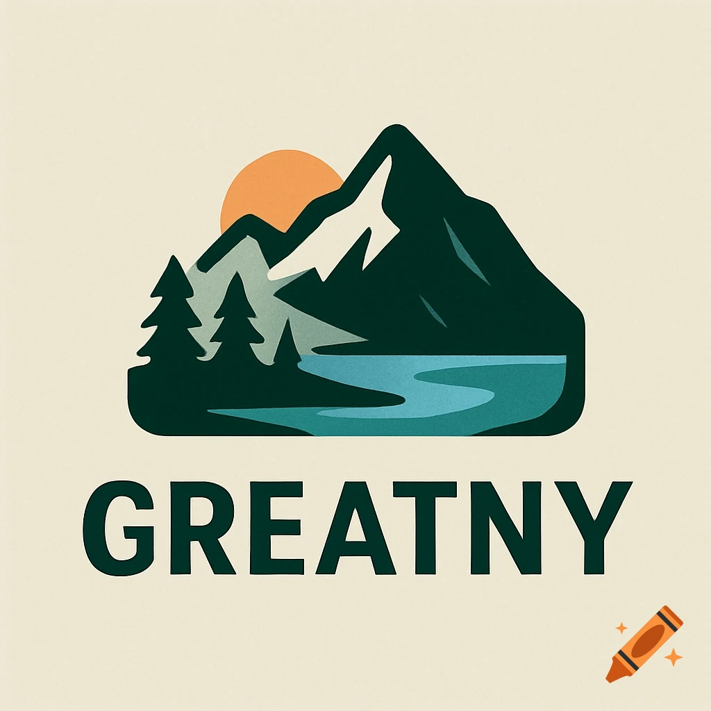 A minimalist logo featuring dark green mountains, pine trees, a blue lake, an orange sun, and the text GREATNY.